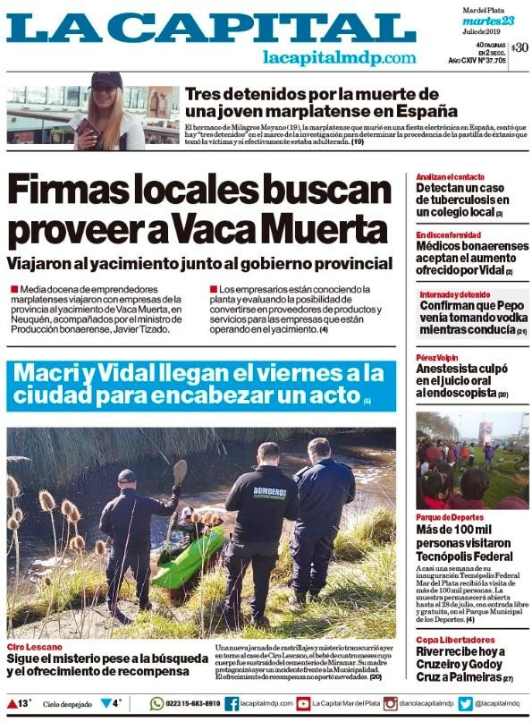 Tapas de diarios, La Capital de Mar del Plata, martes 23 de julio de 2019