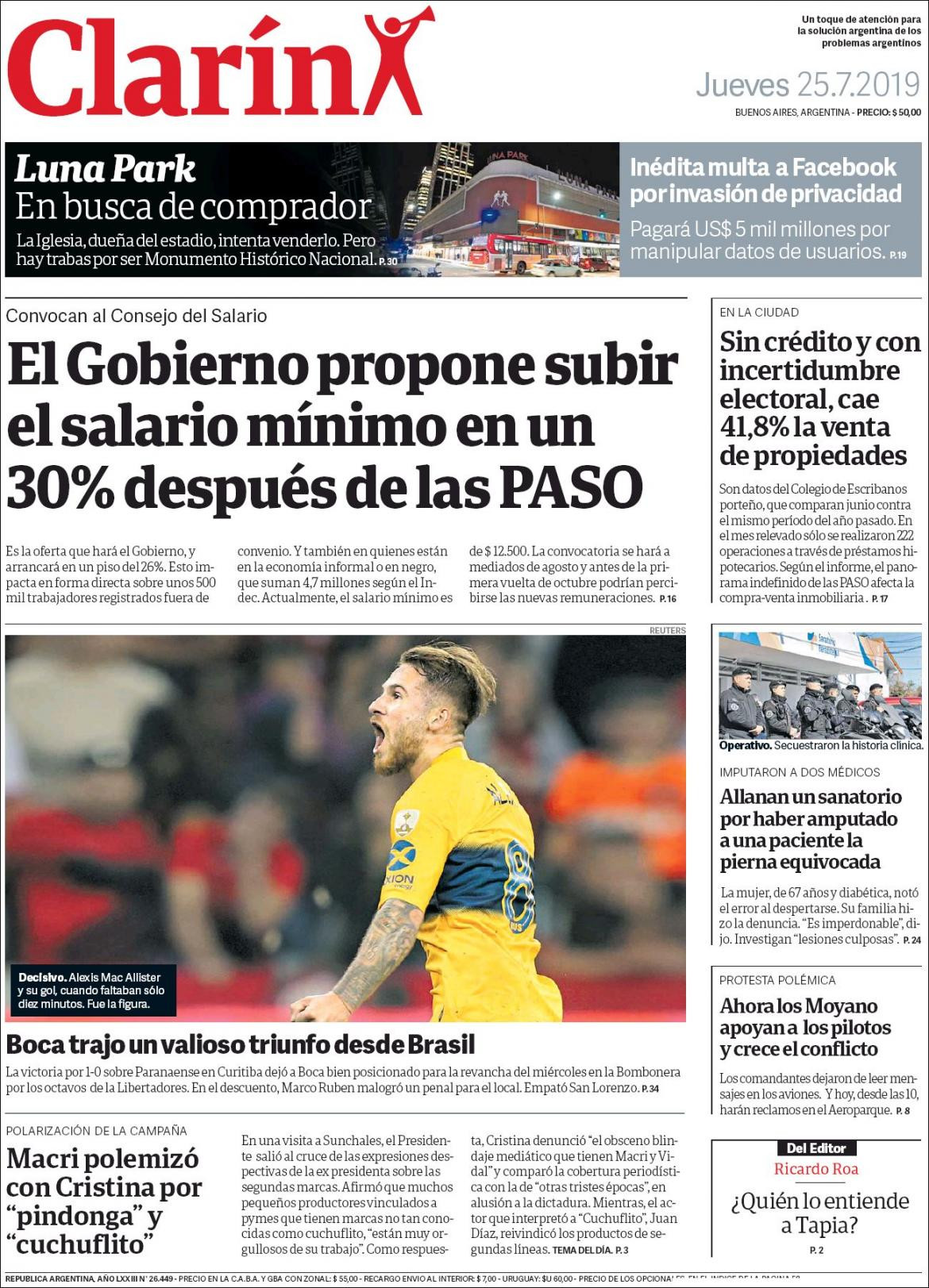 Tapas de diarios, Clarin, jueves 25-07-19