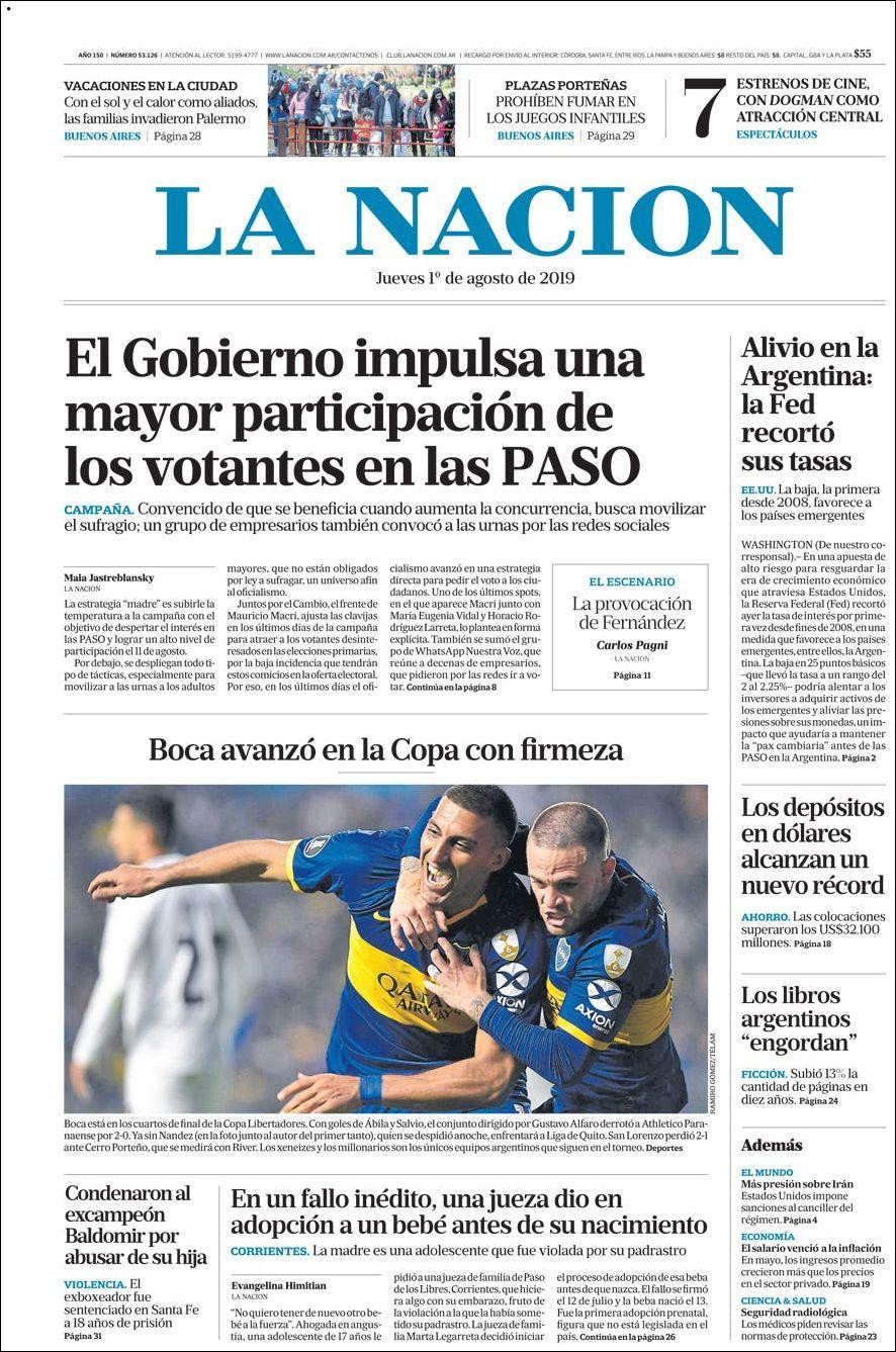 Tapas de diarios, La Nación, jueves 1 de agosto de 2019