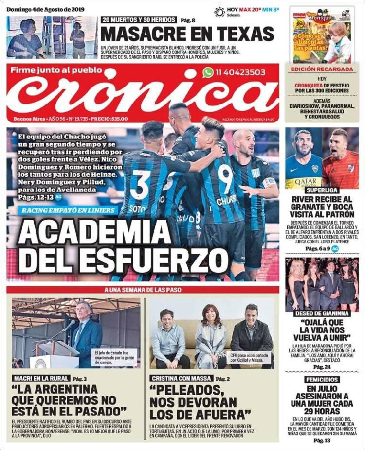 Tapas de diarios argentinos, Crónica, domingo 4 de agosto de 2019	
