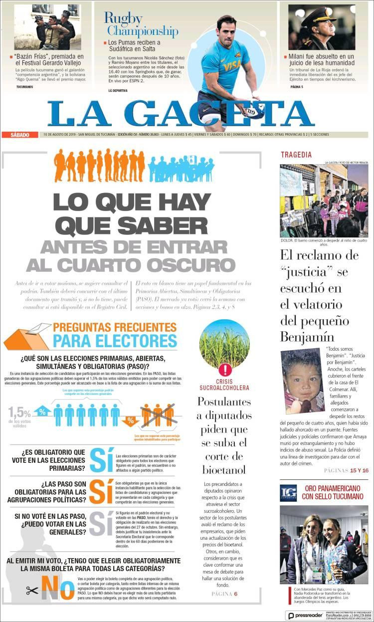 Tapas de diarios, La Gaceta, sábado 10 agosto 2019