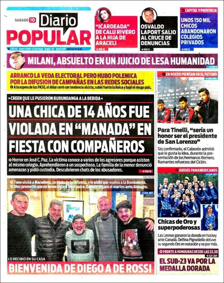 Tapas de diarios, Diario Popular, sábado 10 agosto 2019
