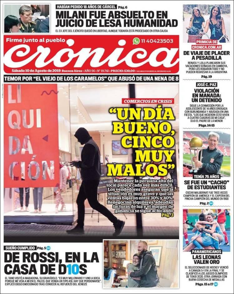 Tapas de diarios, Crónica, sábado 10 agosto 2019