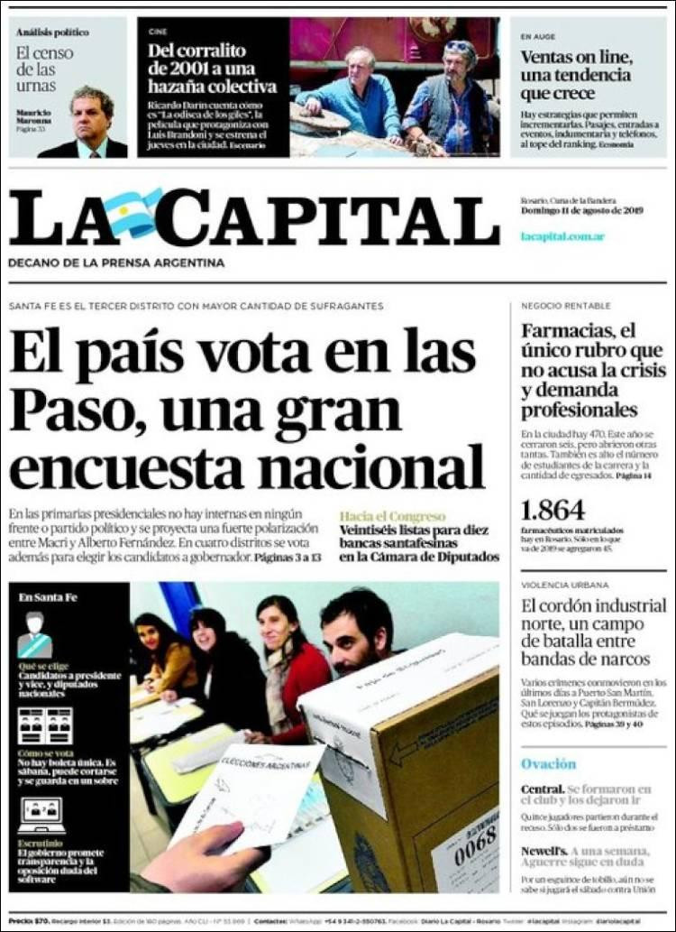 Tapas de diarios, La Capital, domingo 11 de agosto de 2019
