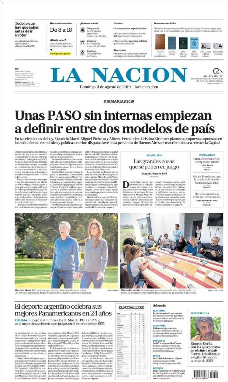 Tapas de diarios, La Nación, domingo 11 de agosto de 2019