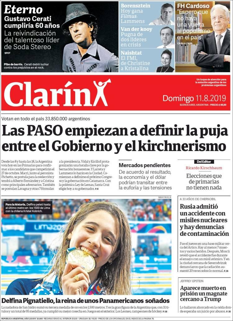 Tapas de diarios, Clarín, domingo 11 de agosto de 2019
