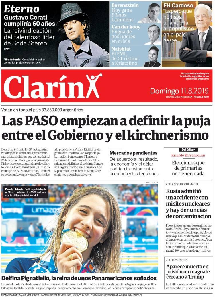 Tapas de diarios, Clarín, domingo 11 de agosto de 2019