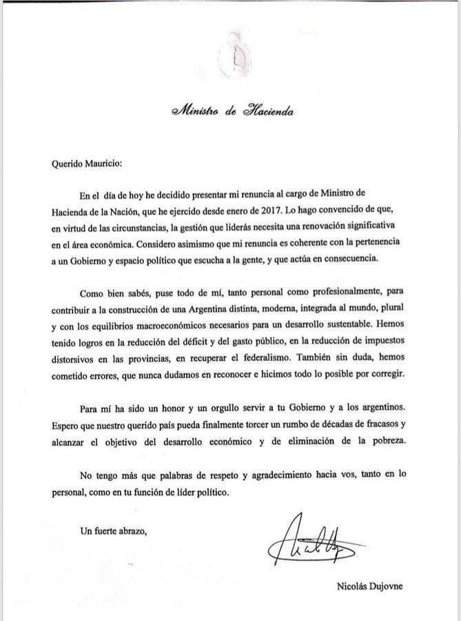 Dujovne, carta de renuncia, ministerio de Hacienda