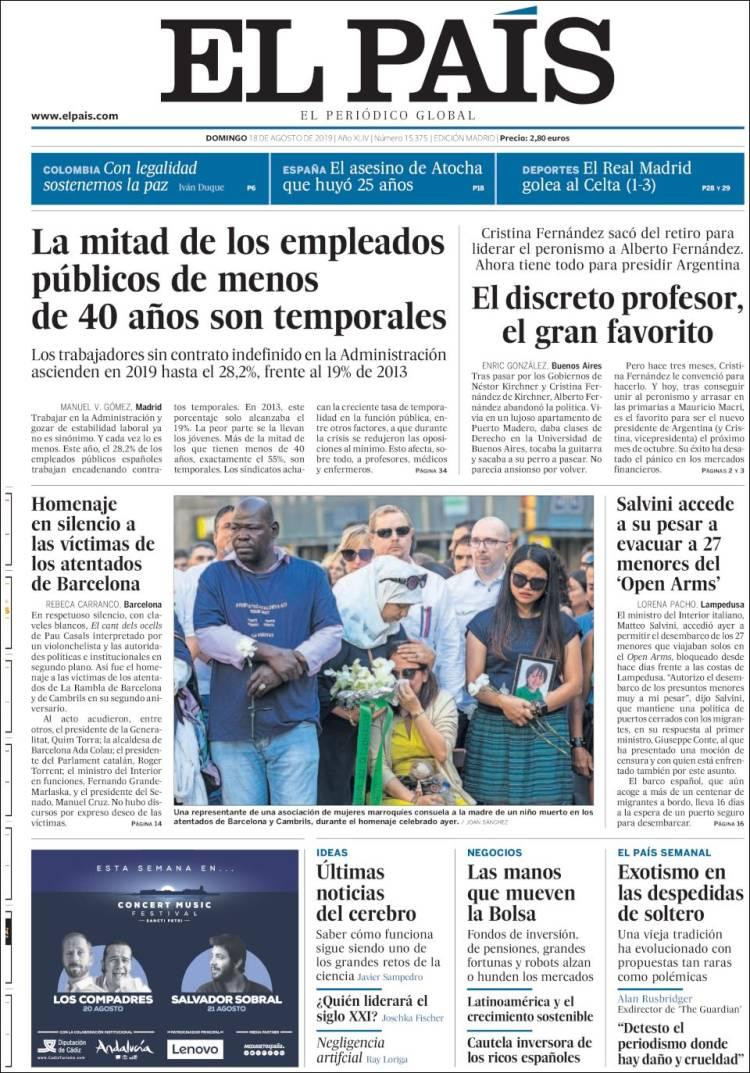 Tapas de diarios, El País, domingo 18-08-19	