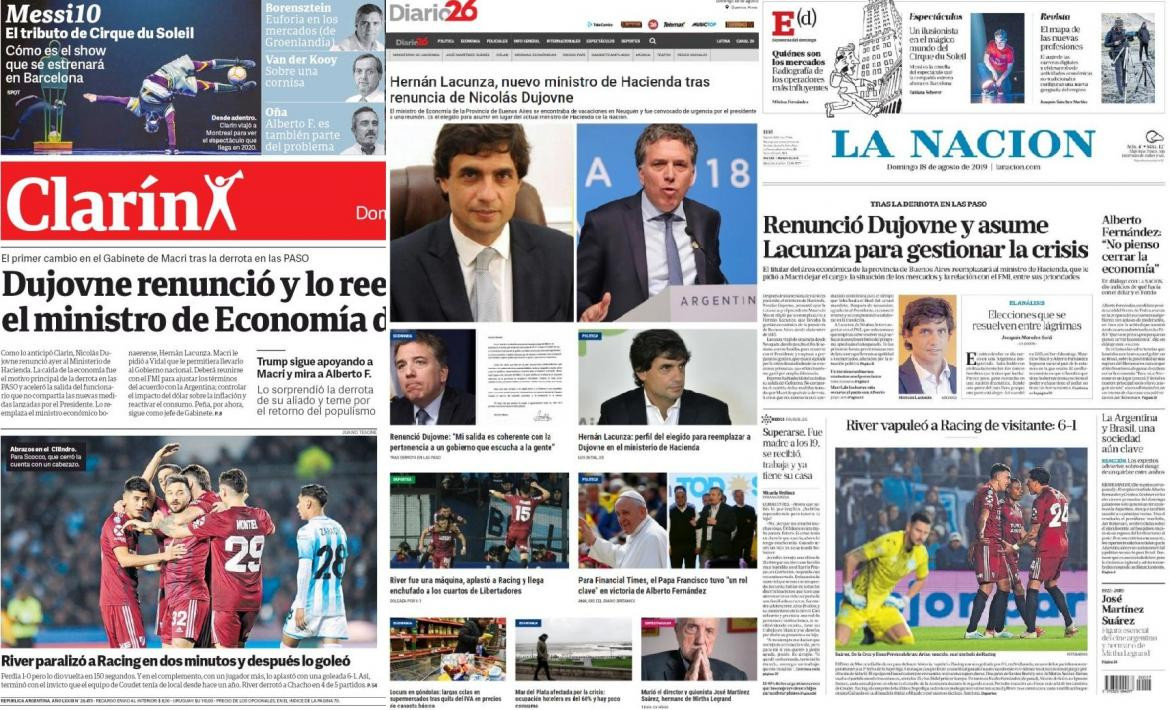 Tapas de diarios argentinos, domingo 18-08-19	