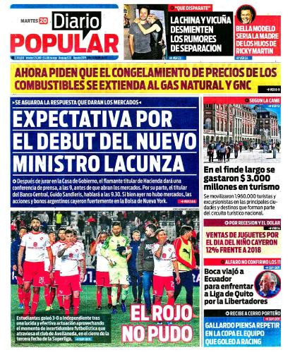 Tapas de diarios, martes, Diario Popular 20-08-19