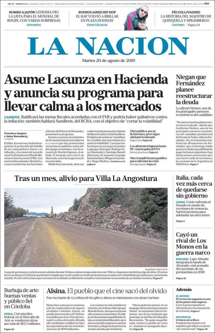 Tapas de diarios, martes, La Nación 20-08-19