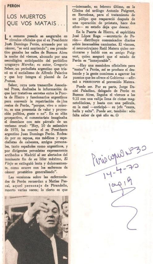 Noticias de la epoca sobre la salud de Perón