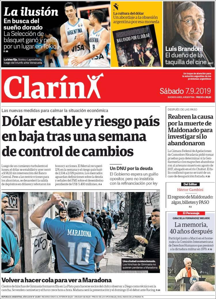 Tapas de diarios, Clarín, sábado 07-09-19