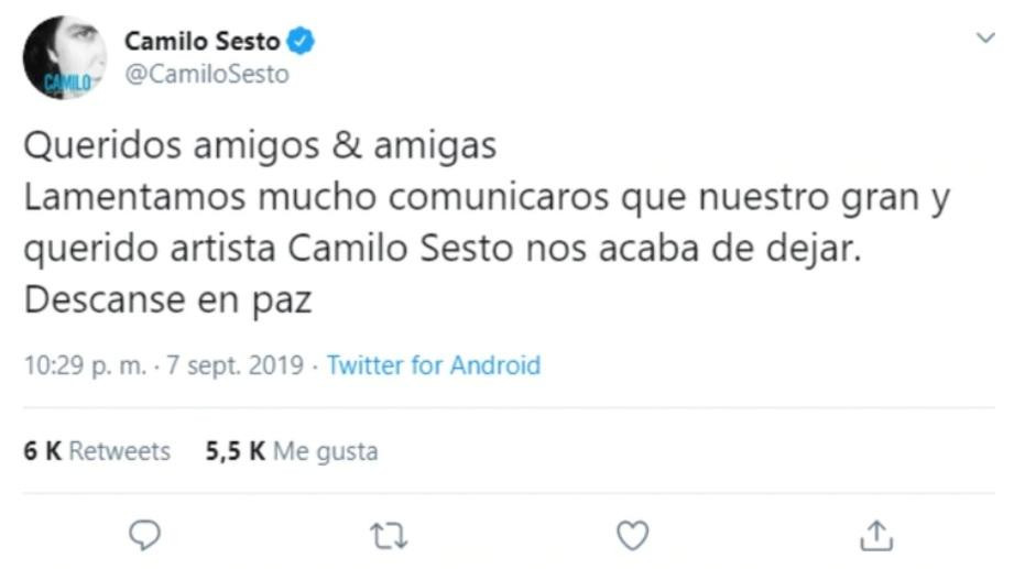 Murió Camilo Sesto, Twitter oficial