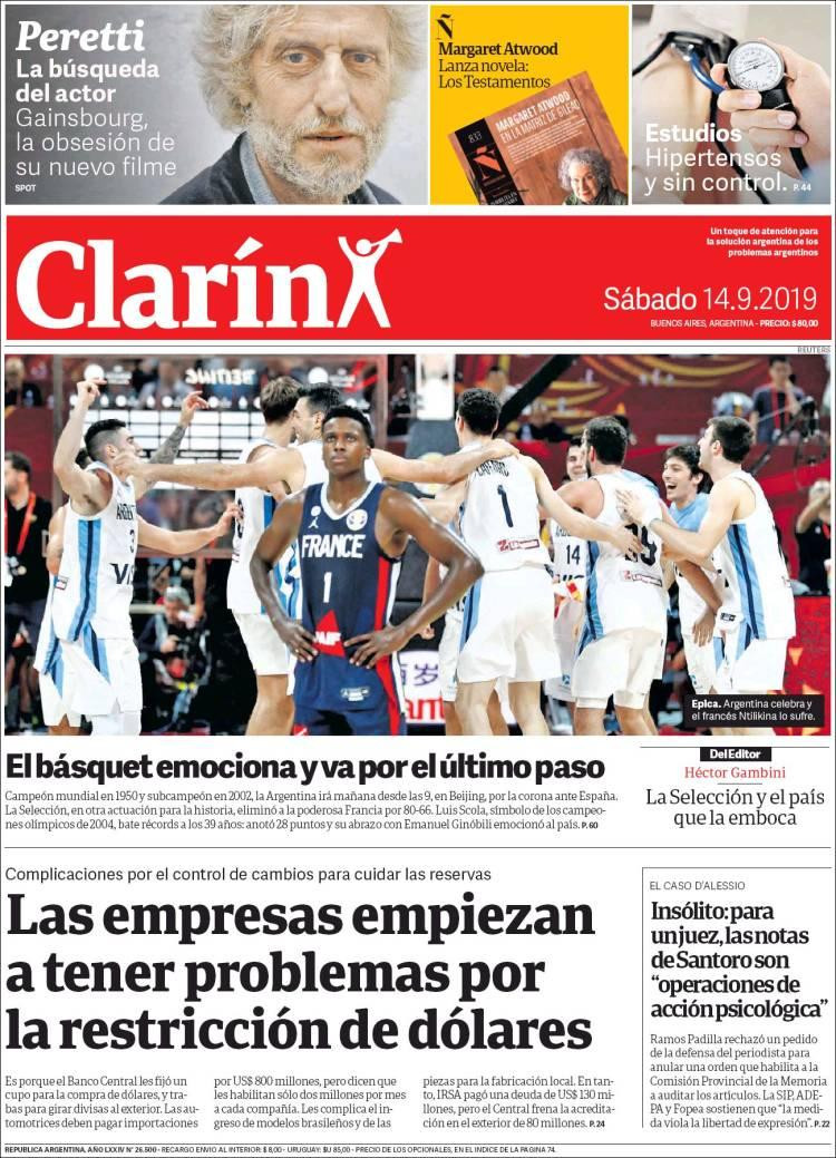 Tapas de diarios, Clarin, sábado 14-09-19