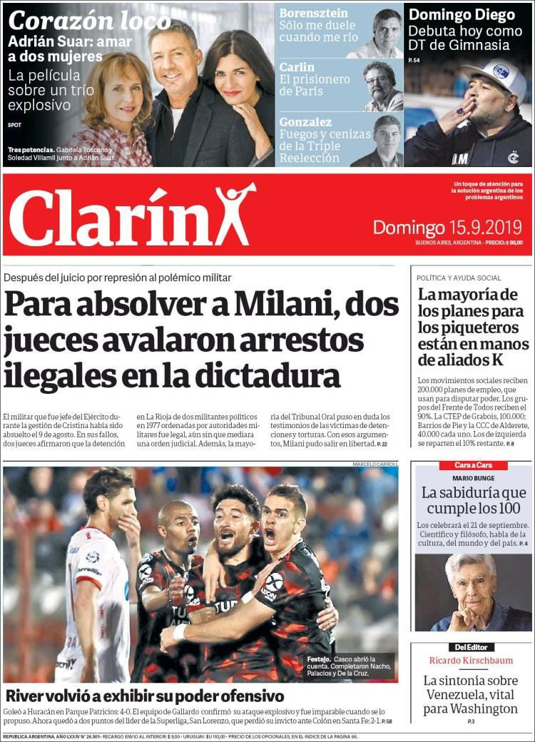 Tapas de diarios, Clarín, domingo 15-09-19