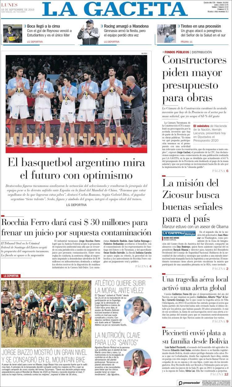 Tapas de diarios, La Gaceta, lunes 16-09-19
