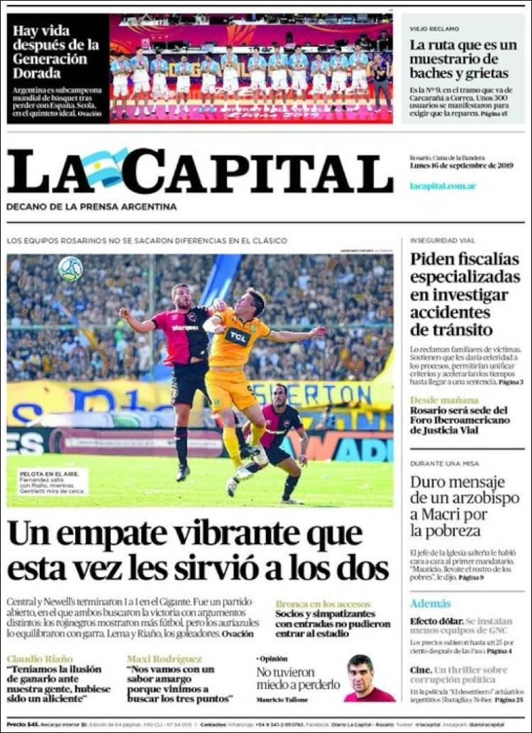Tapas de diarios, La Capital, lunes 16-09-19