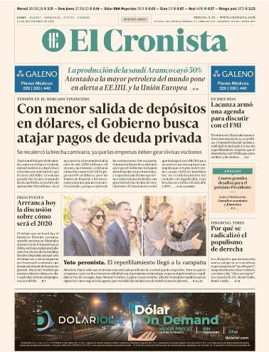 Tapas de diarios, El Cronista, lunes 16-09-19