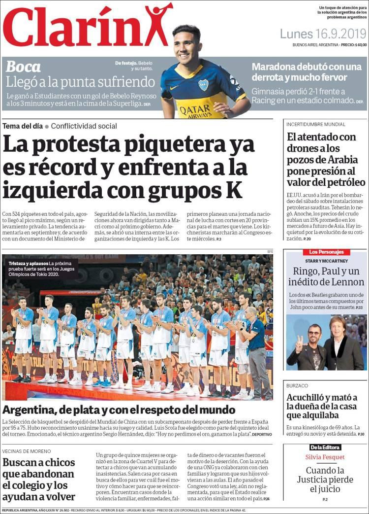 Tapas de diarios, Clarín, lunes 16-09-19