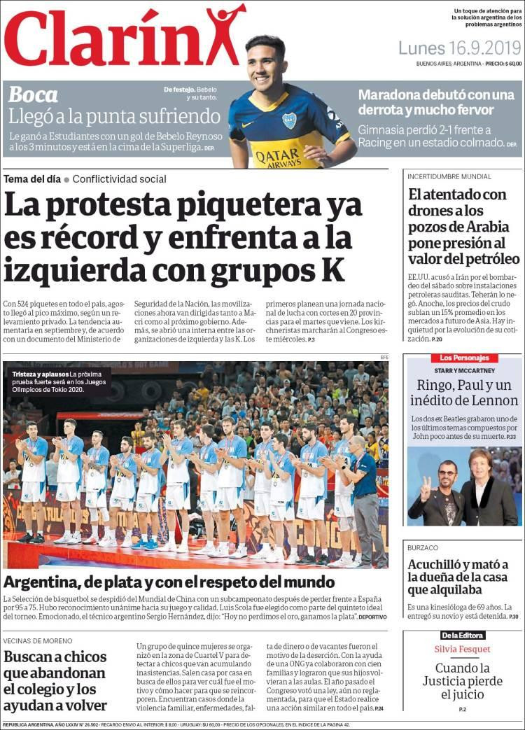 Tapas de diarios, Clarín, lunes 16-09-19