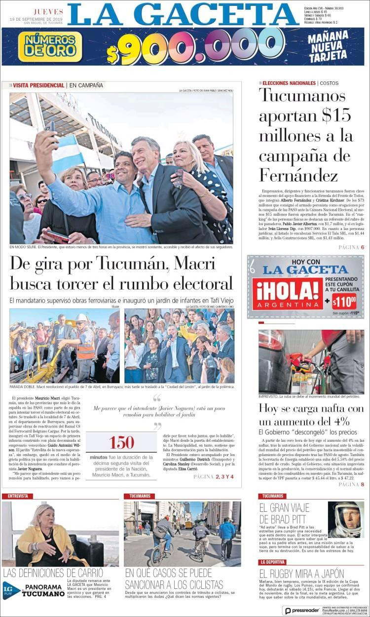 Tapas de diarios, La Gaceta, jueves 19-09-19