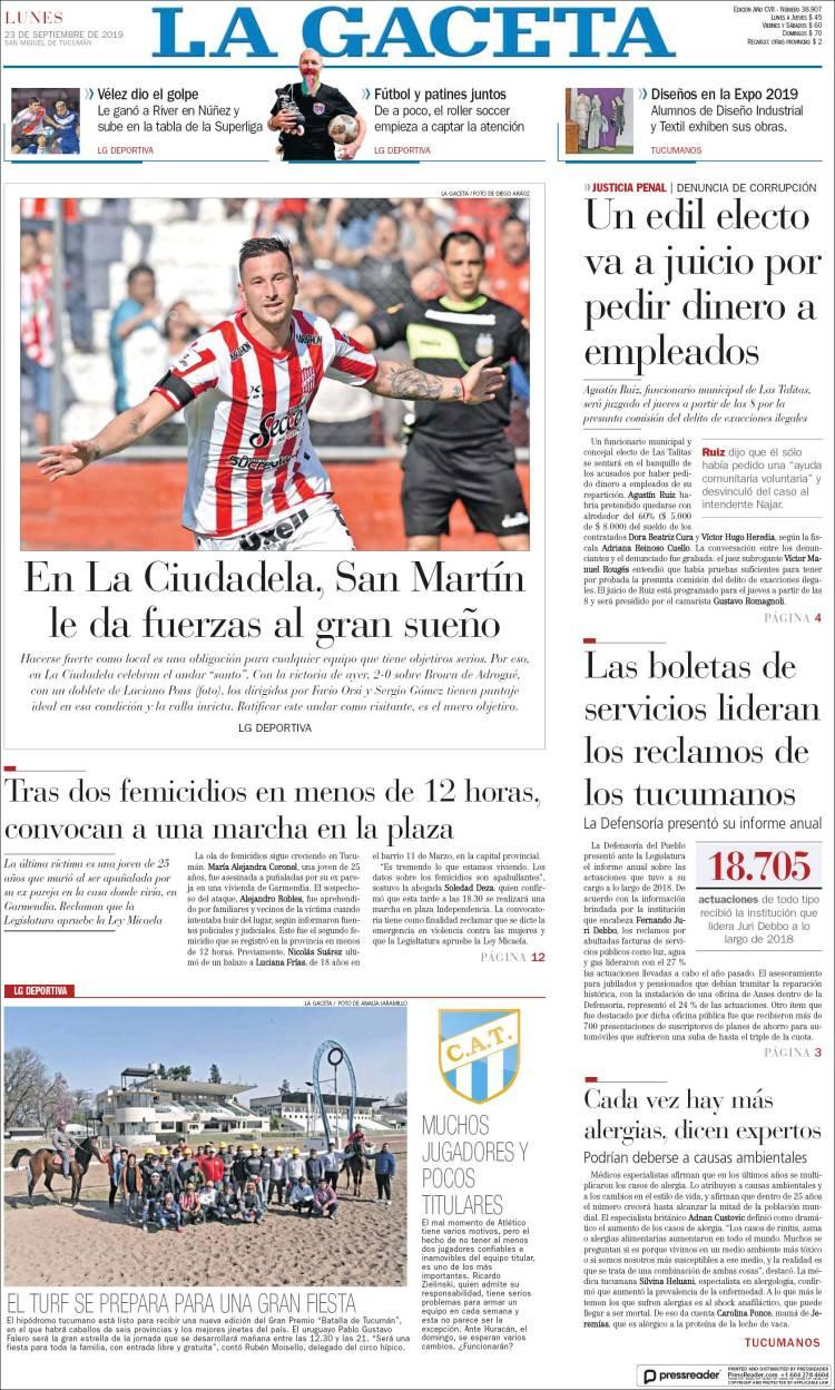 Tapas de diarios, La Gaceta, lunes 23-09-19
