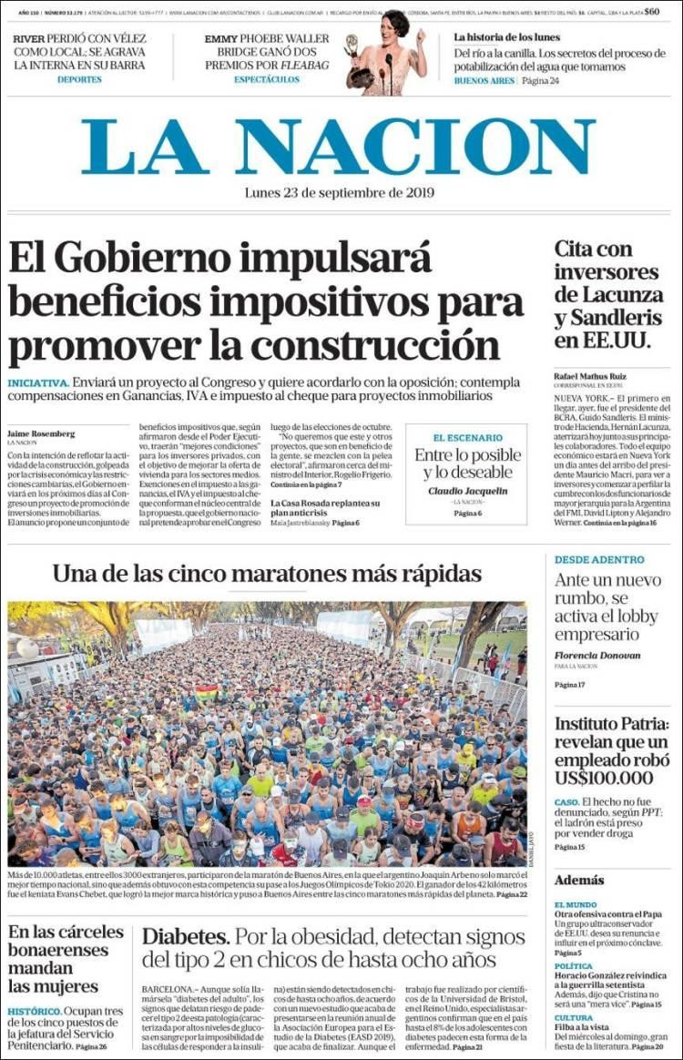 Tapas de diarios, La Nación, lunes 23-09-19
