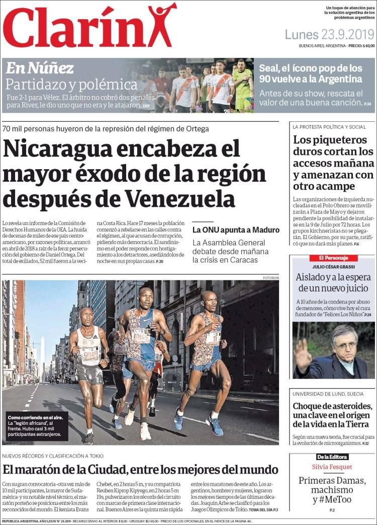 Tapas de diarios, Clarín, lunes 23-09-19