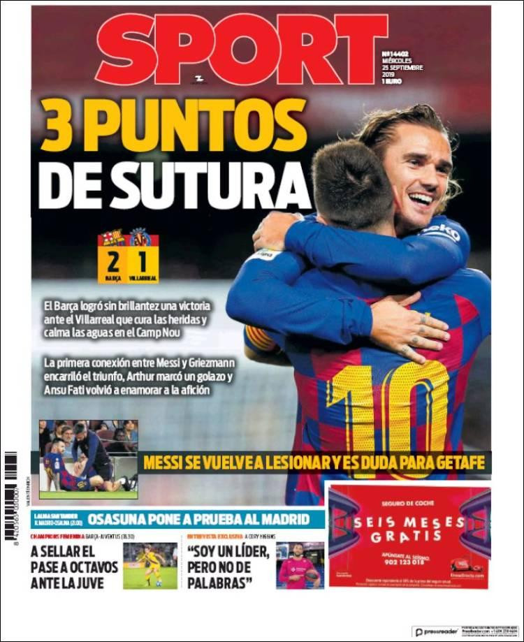 Tapas de diarios, Sport de España, miércoles 25-09-19