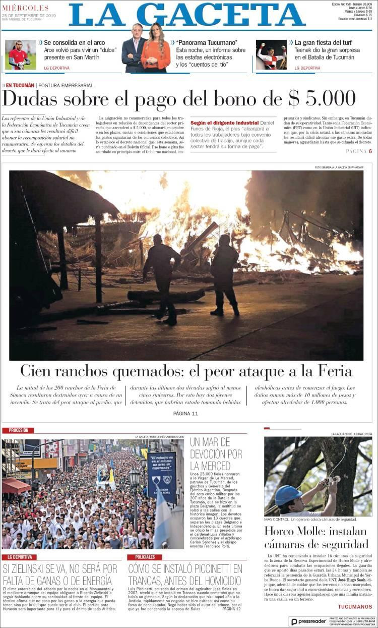 Tapas de diarios, La Gaceta, miércoles 25-09-19