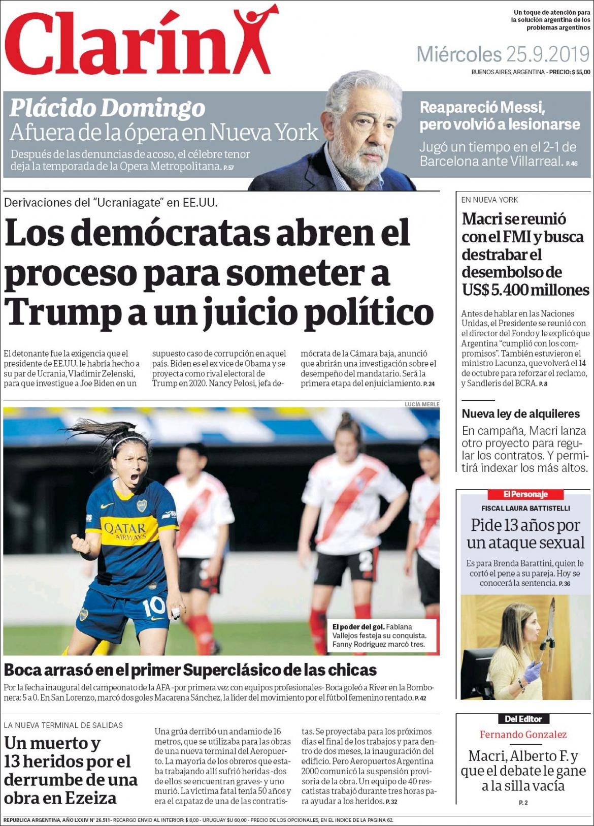 Tapas de diarios, Clarin, miércoles 25-09-19