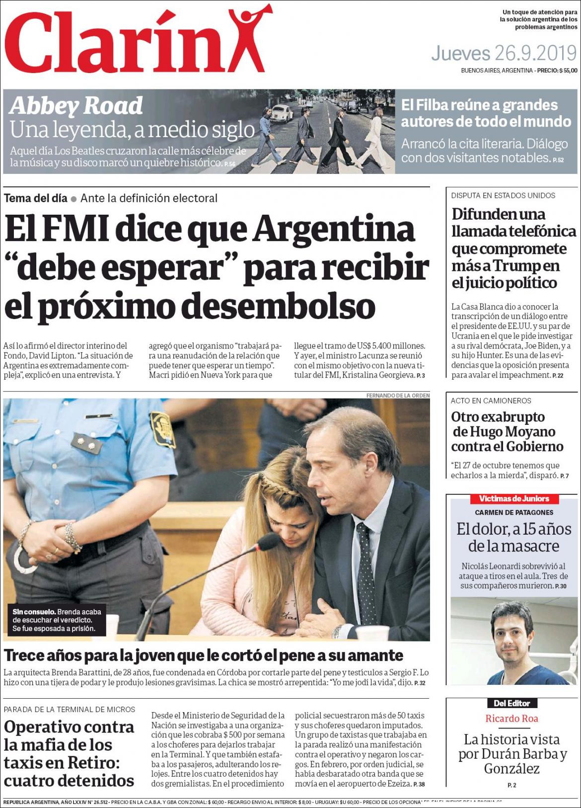 Tapas de diarios, Clarin, jueves 26-09-19