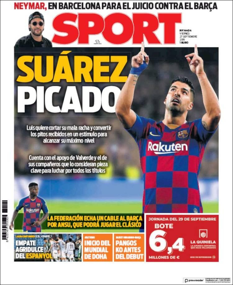 Tapas de diarios, Sport de España, viernes 27-09-19