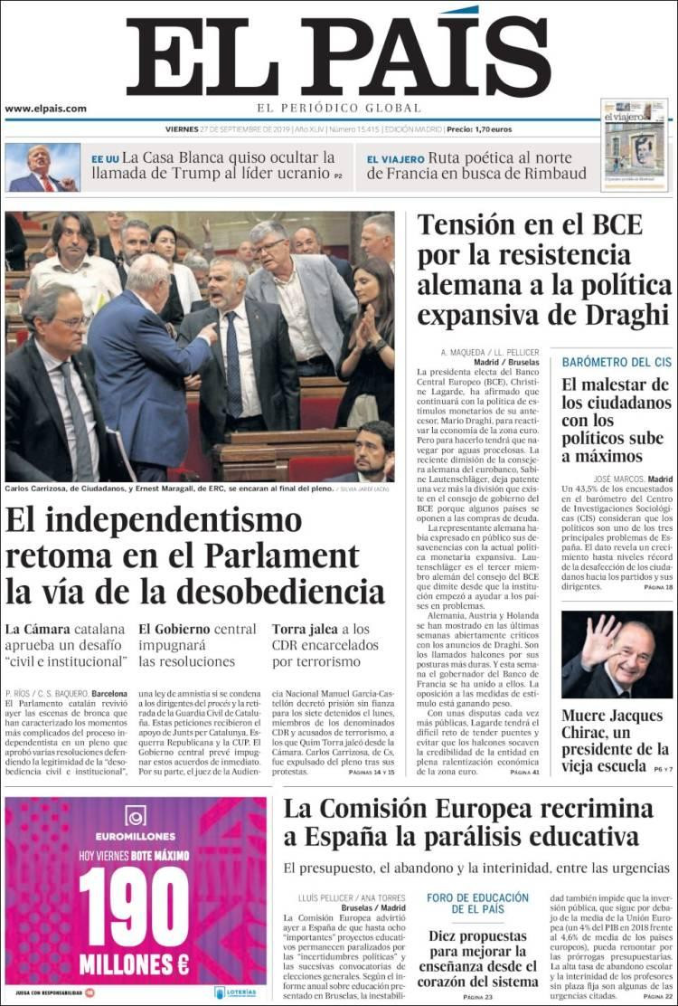 Tapas de diarios, El Pais de España, viernes 27-09-19