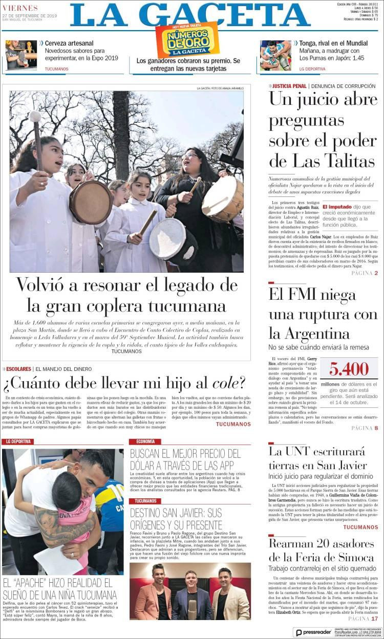 Tapas de diarios, La Gaceta, viernes 27-09-19