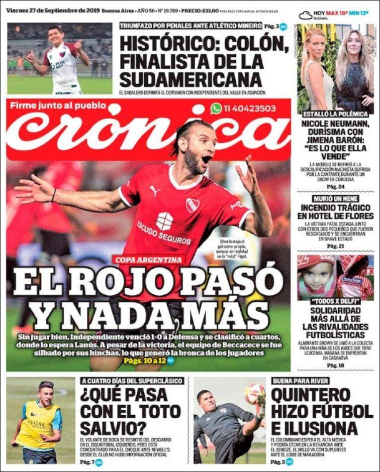 Tapas de diarios, Crónica, viernes 27-09-19