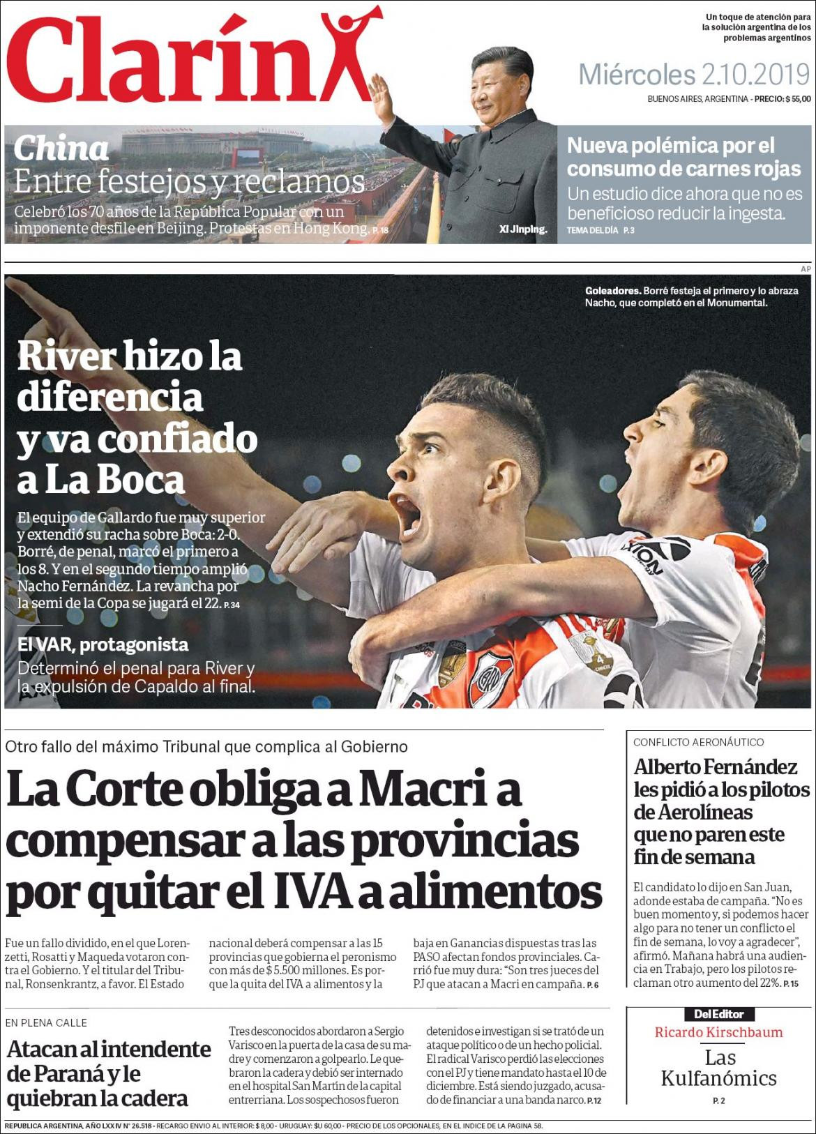 Tapas de diarios, Clarin, miercoles 02-10-19