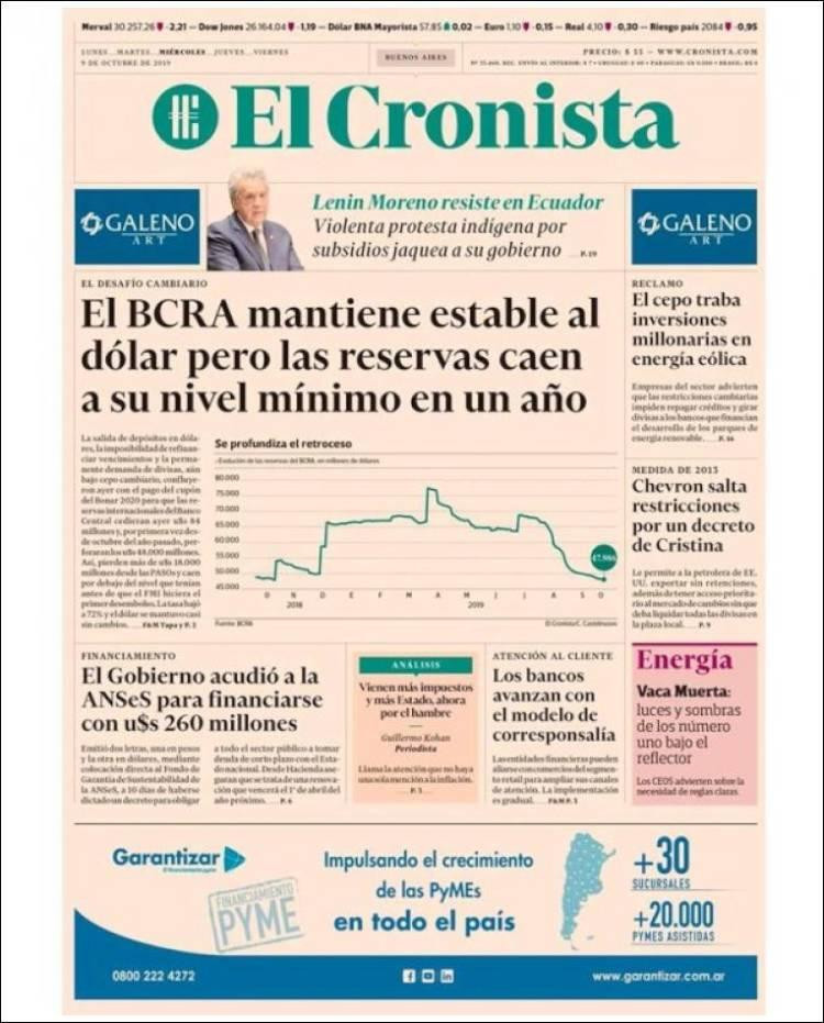 Tapas de diarios, El Cronista, miercoles 09-10-19