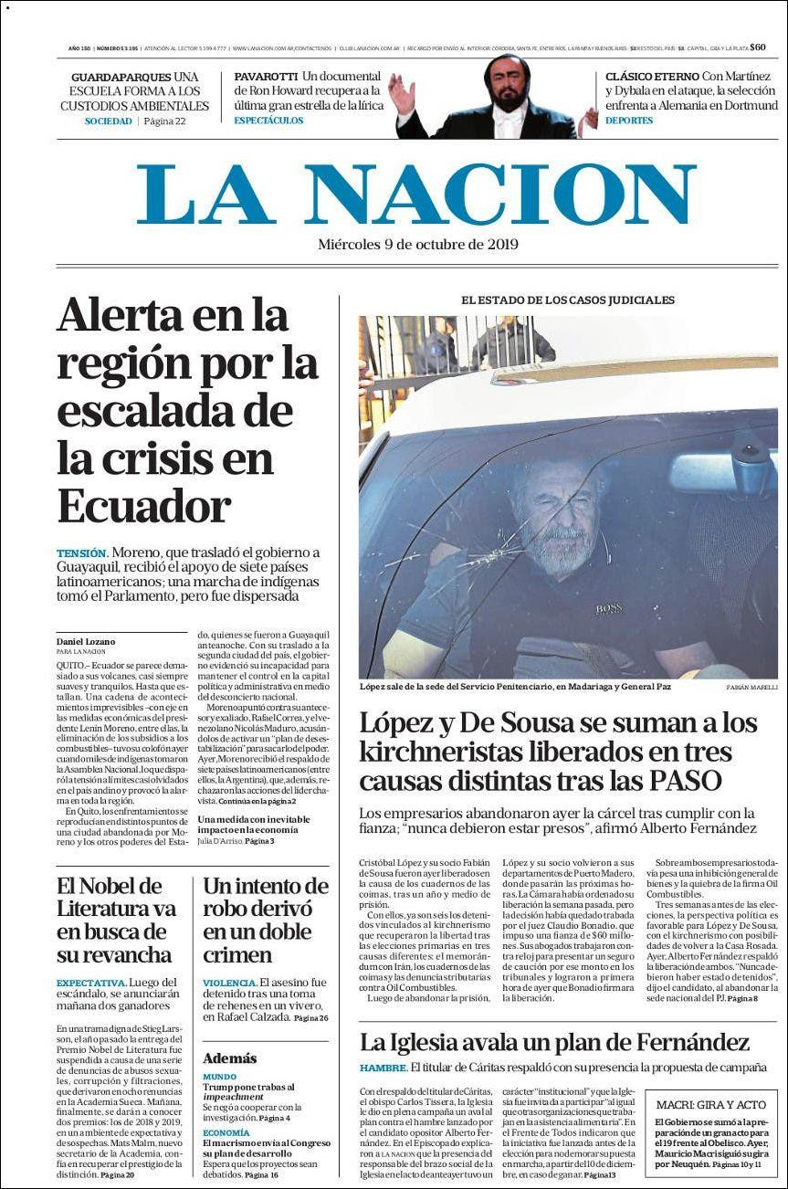 Tapas de diarios, La Nación, miercoles 09-10-19