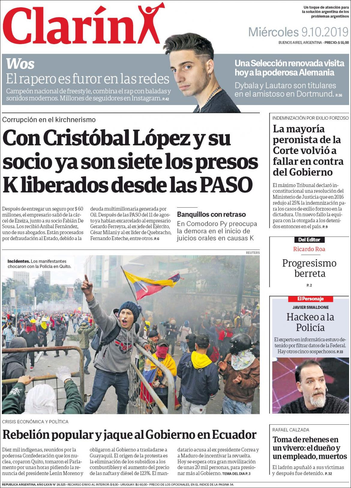 Tapas de diarios, Clarin, miercoles 09-10-19