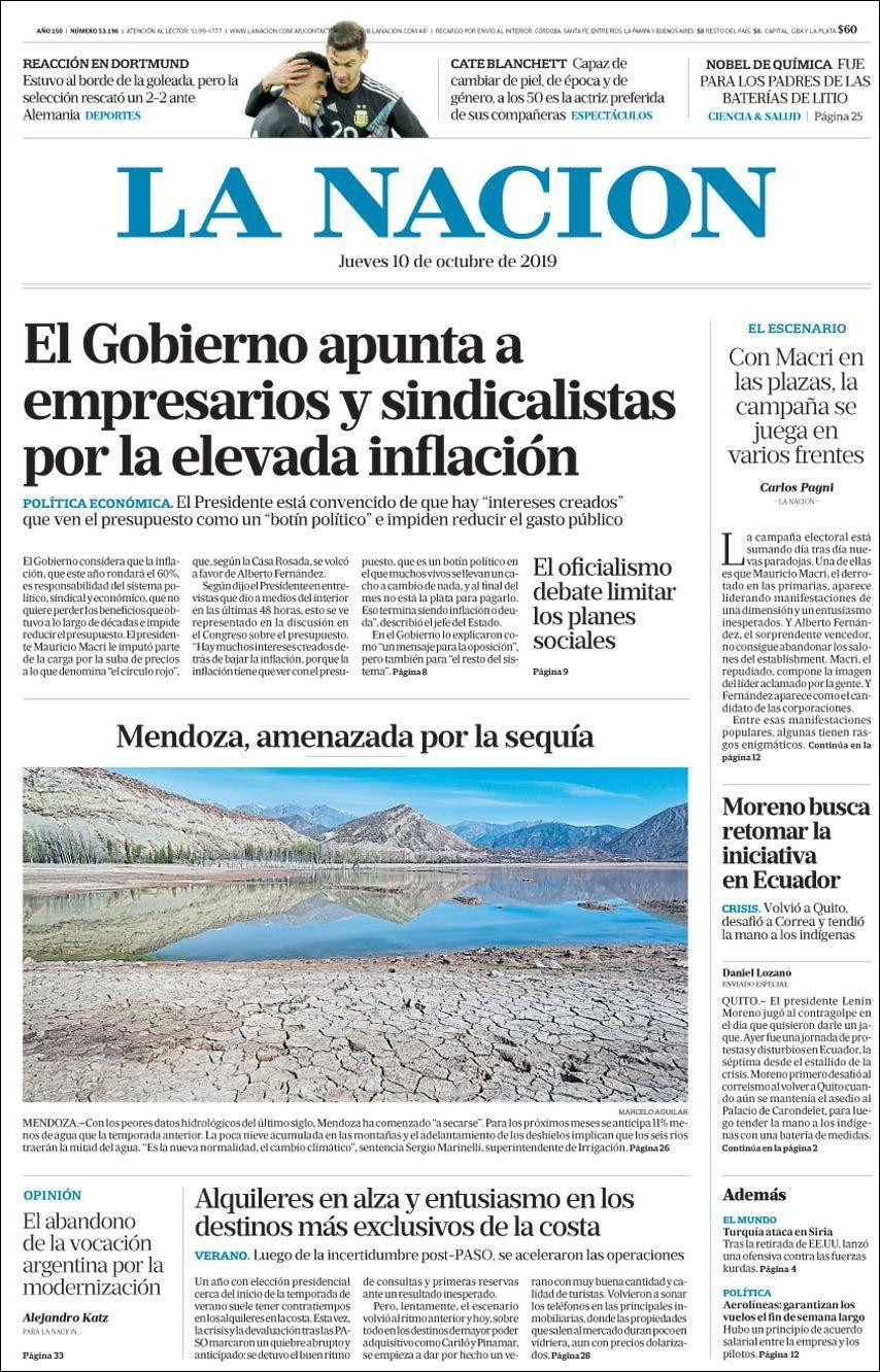 Tapas de diarios, La Nación, jueves 10-10-19
