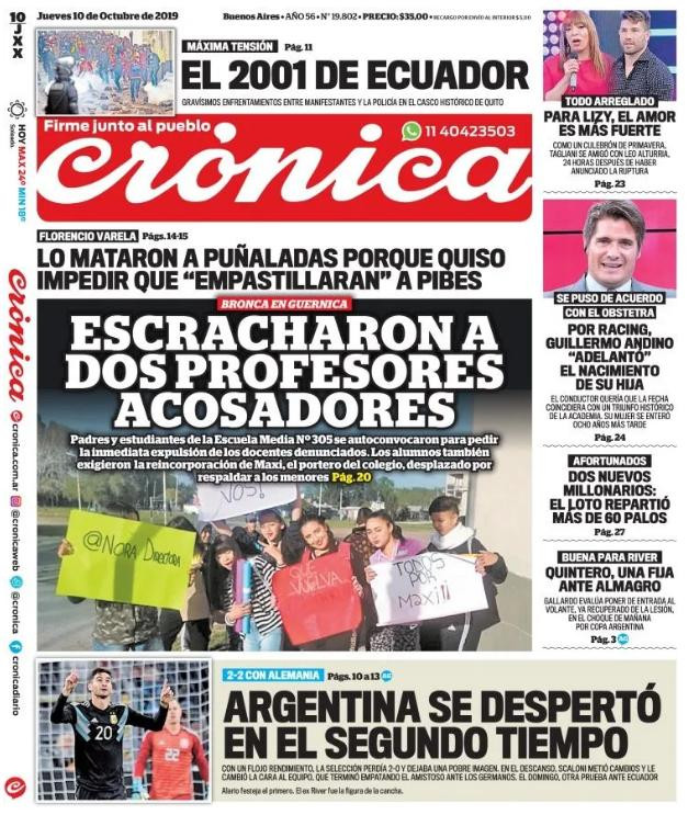Tapas de diarios, Crónica, jueves 10-10-19