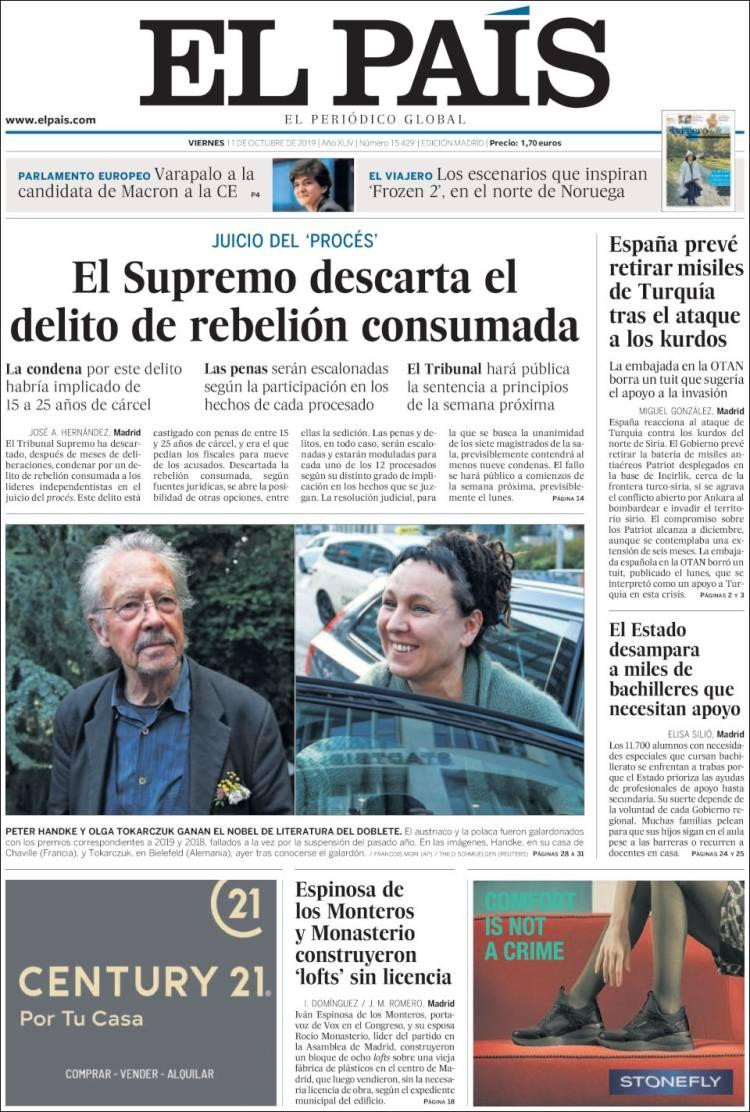 Tapas de diarios, El Pais de España, viernes 11-10-19