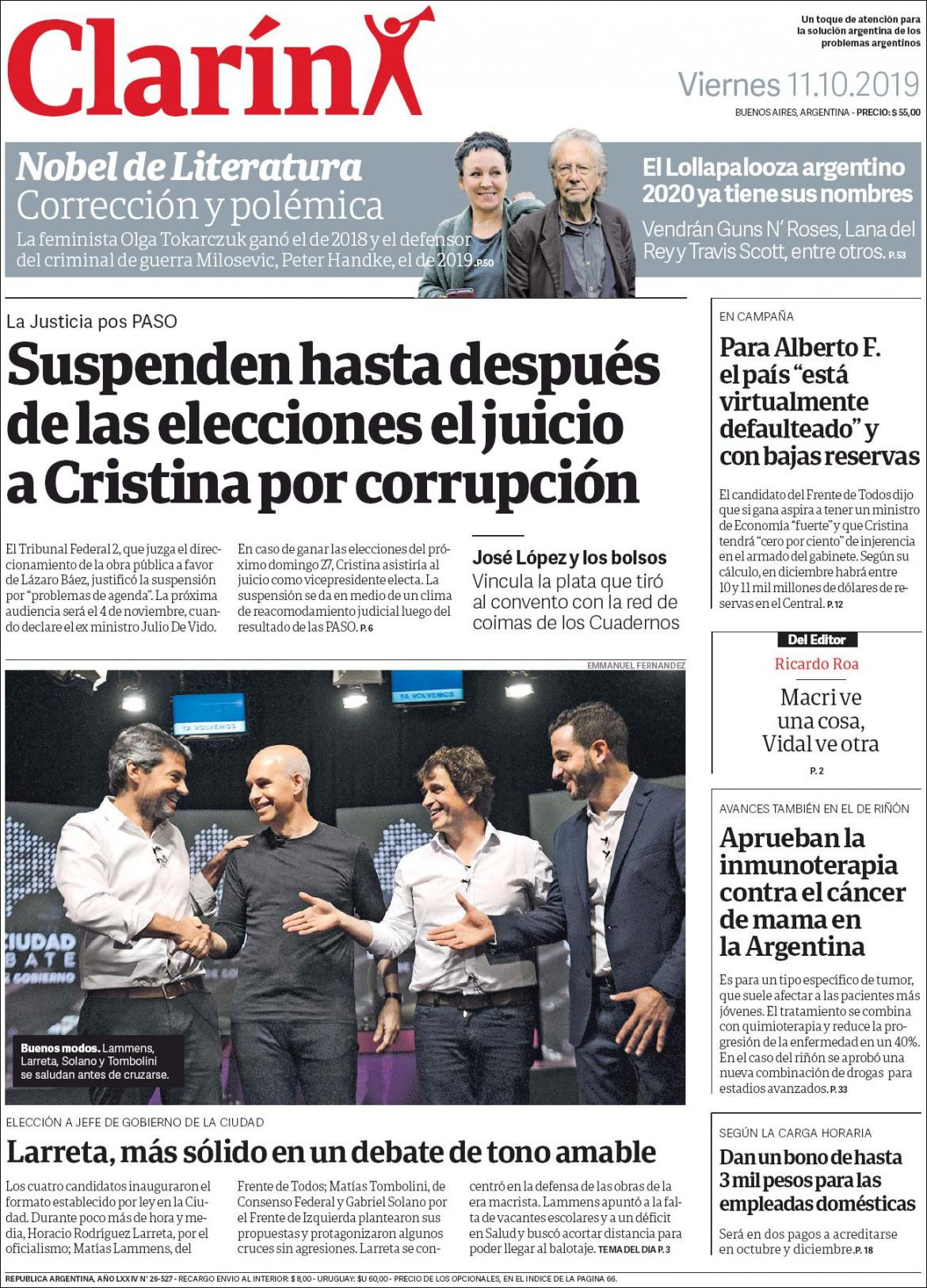 Tapas de diarios, Clarin, viernes 11-10-19