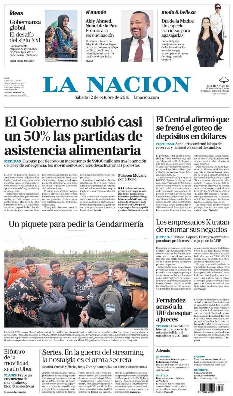 Tapas de diarios, La Nación, sábado 12-10-19