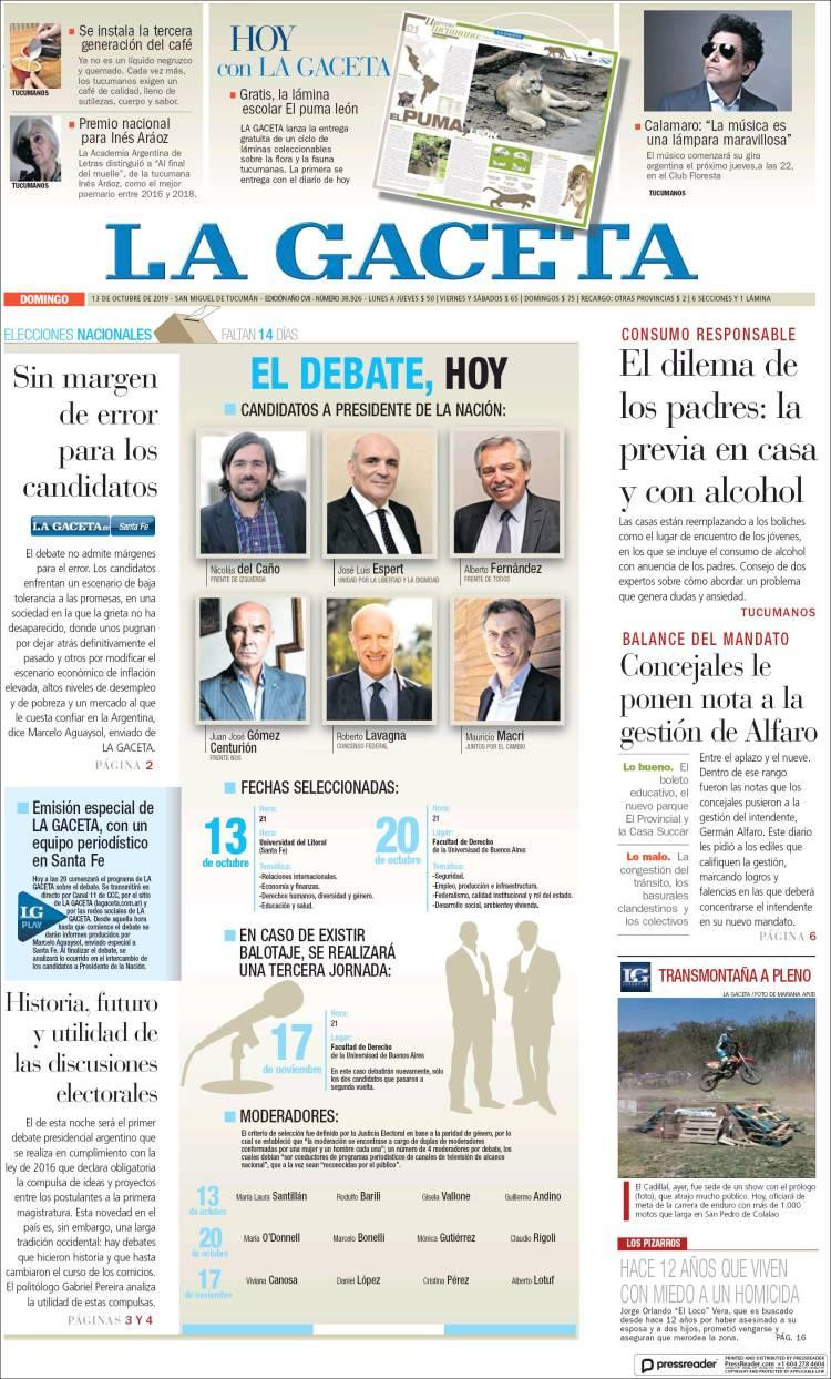 Tapas de diarios, La Gaceta, domingo 13-10-19