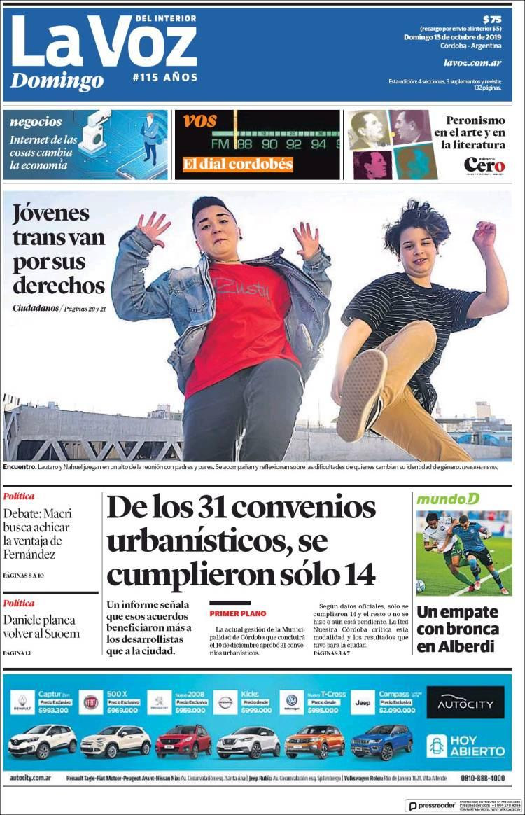 Tapas de diarios, La Voz, domingo 13-10-19