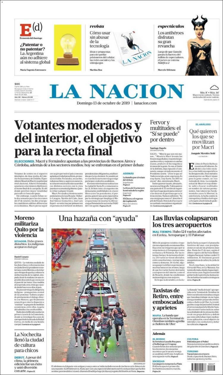 Tapas de diarios, La Nación, domingo 13-10-19